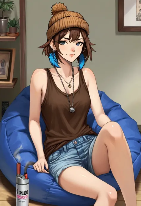 Adult female, mature, very short shaggy brown hair, wolf cut style hair, brown beanie, brown eyes, baggy hipster clothes, tanktop, hipster room, chill demeanor, nonchalant, neutral expression, one blue feather earring, leaning back on bean bag, holding lig...