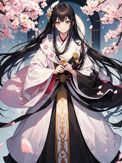 best quality, character design sheet, adult woman、No hat on, Black and pink hair, whole body, Head to Toe, Fortuneteller、Standing facing forward, Beautiful black dress, long Black Hair, Pure white background, from front, best quality, Cherry blossom patter...