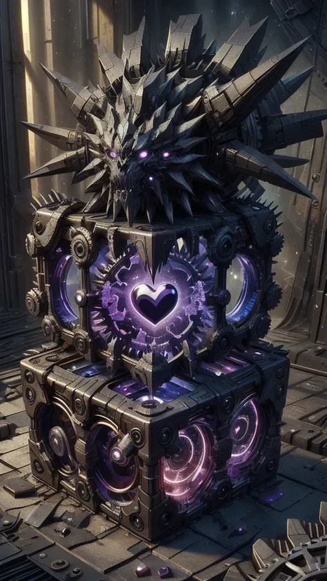 science fiction,obsidian , rainbow,   (cube:1.1), heart-shaped , weighted companion is surrounded by gears，best quality, masterp...