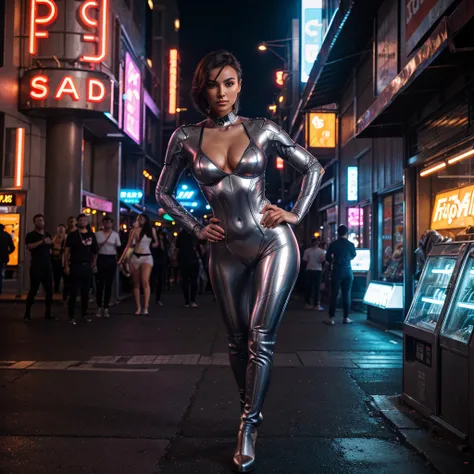 Full-body shot of a seductive female cyborg with short, sleek metallic hair. She has an athletic yet highly feminine figure with detailed facial features, including high cheekbones and luminous eyes. Her suit is a flexible, second-skin-like metal that acce...