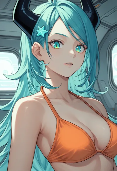 score_9, score_8_up, score_7_up,1 daemon woman, black  horns, black demon tail, (aquamarine hair),aquamarine green color hair,ahoge, long hair, (long hair),bangs, light orange bikini, bikini is orange, bikini orange, orange bikini!, (aquamarine eyes), back...