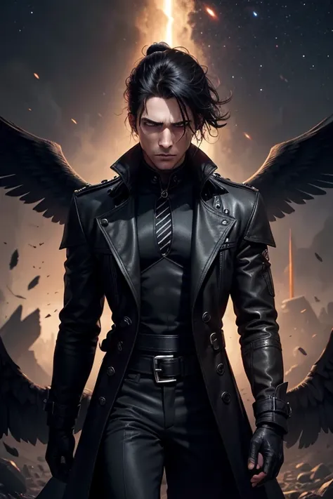 The model in a defeated and sad pose, as if he had seen the end of his life before his eyes. On his back there are black wings as if he were an angel.. The environment is a galaxy, How is it flying through space freely among the stars?. His pupils are blac...