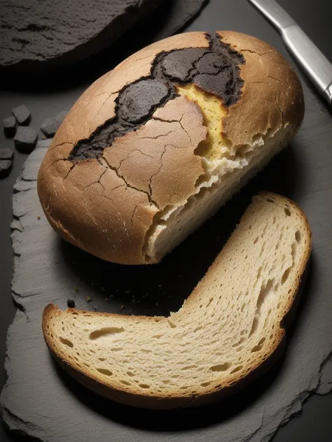 a photorealistic a piece of burnt bread, black as coal. white background