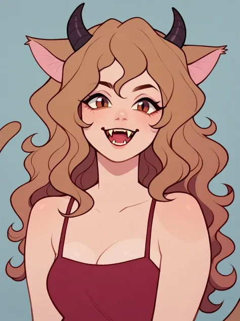 Half body, A pretty woman, long black wavy hair, Brown eyes, Casual clothes, cat ears and tail, fangs, horns, sexy