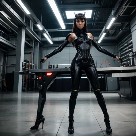 Full-body shot of a seductive female cyborg wearing a smooth, minimalist headpiece. She has a strong, curvaceous figure with soft, yet striking facial features and bright, glowing eyes. Her outfit is a form-fitting suit made from high-tech materials, resem...