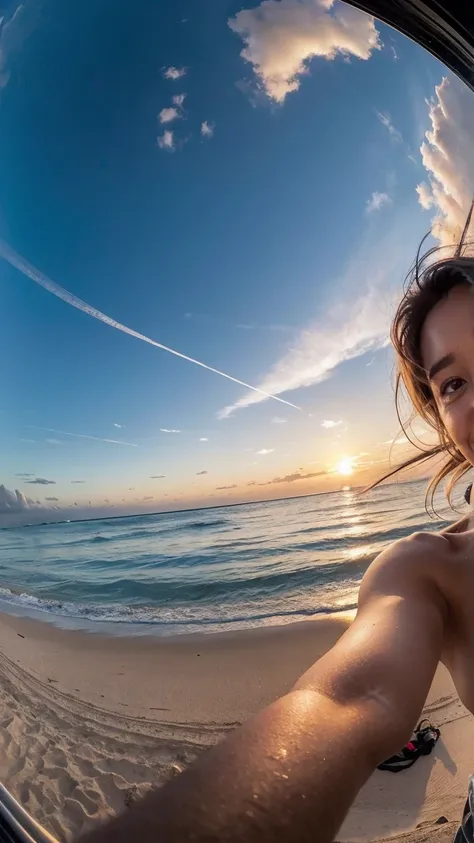 a woman takes a fisheye selfie on a beach at sunset,smile,the wind blowing through her messy hair. The sea stretches out behind her,creating a stunning aesthetic and atmosphere with a rating of 1.2, (topless:1.1)