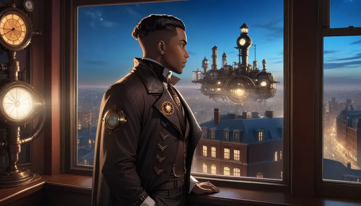 at night, front view of a black man overlooking a city out of a large window in a steampunk 20th century apartment 