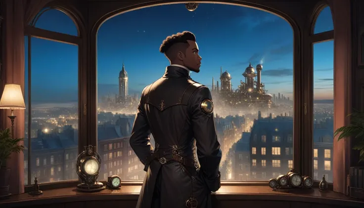 at night, front view of a black man overlooking a city out of a large window in a steampunk 20th century apartment 