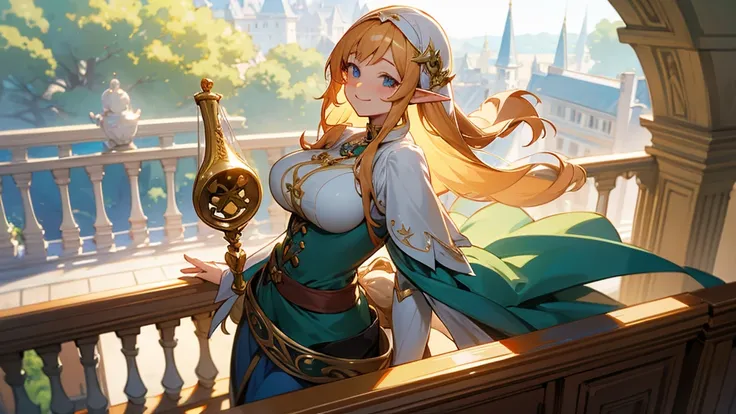 Anime Style,A detailed background with many people,Magical World,People on the balcony,Smiling Bard Elf,Mature Woman,Large Breasts,Protruding buttocks