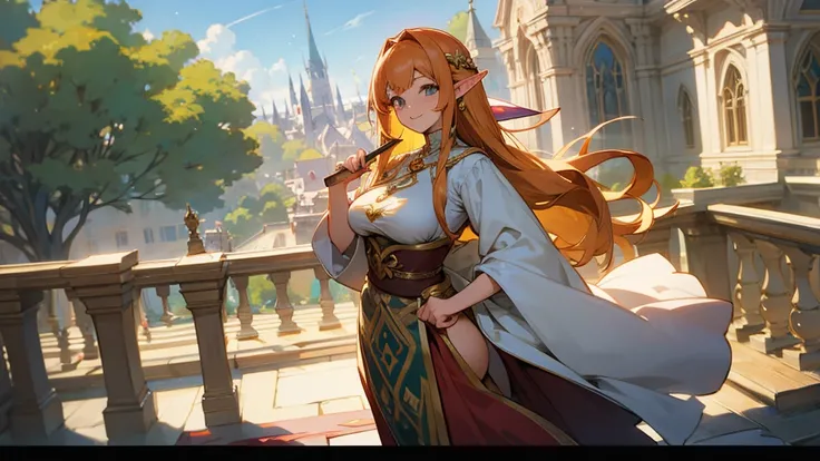 Anime Style,A detailed background with many people,Magical World,People on the balcony,Smiling Bard Elf,Mature Woman,Large Breasts,Protruding buttocks