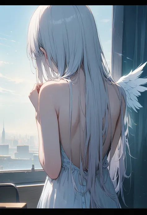 (masterpiece, high quality, High detail, 4K, RTTX 10.0, High resolution:1.2),Angel、天nullから地上を見下ろすAngel、Back view、whole body、Looks lonely somewhere、Melancholy、null、nullから地上を見ている