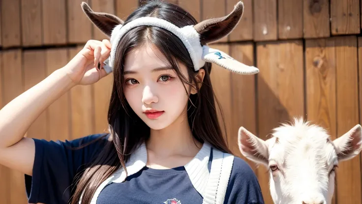 A cute 20-year-old girl wearing a goat headgear