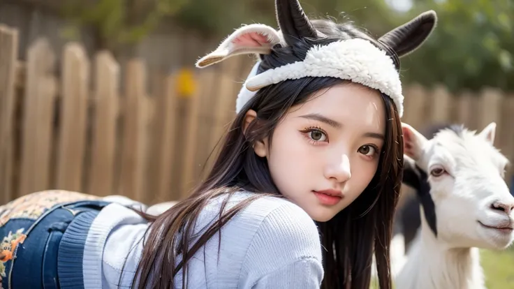 A cute 20-year-old girl wearing a goat headgear