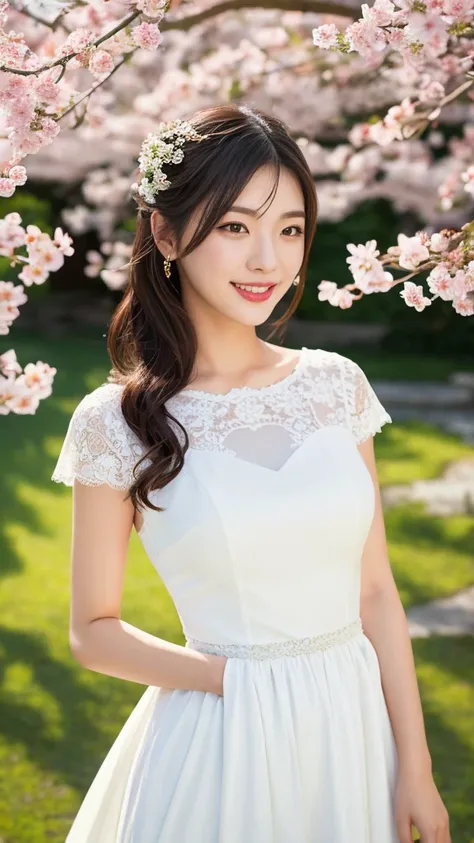 20-year-old Japanese woman, wearing a white lace wedding dress, digital painting, standing in a serene garden, soft natural light, detailed lace texture, elegant and graceful, smiling, traditional Japanese features, cherry blossoms in the background, roman...