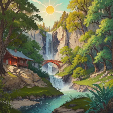 highres,absurdres,Highly detailed,ultra-fine painting,celluloid,fantasyArt,cinematic_lighting,waterfall,lake,spring,forest,chinese_style_loft,(masterpiece,high quality,best quality:1.3),sun,sky,nature,river,outdoors,cirrus,Cirrocumulus,stratus,road,flower,...