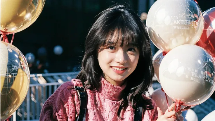 akina nakamori side portrait fashion portrait photo of a beautiful smiling young woman from the 60s wearing a red turtleneck standing amidst a ton of white balloons, taken with a medium format hasselblad camera , akina nakamori , light and shadow