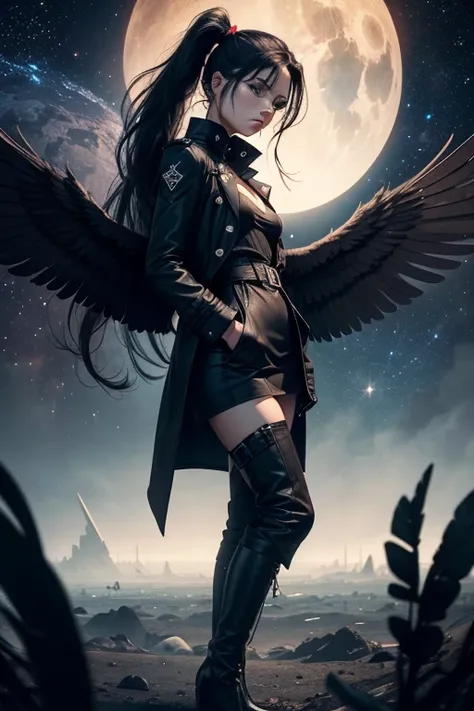 The model is a girl in a pose of defeat and sadness, as if he had seen the end of his life before his eyes. On his back there are huge black wings as if he were an angel.. The environment is a galaxy, How is it flying through space freely among the stars?....