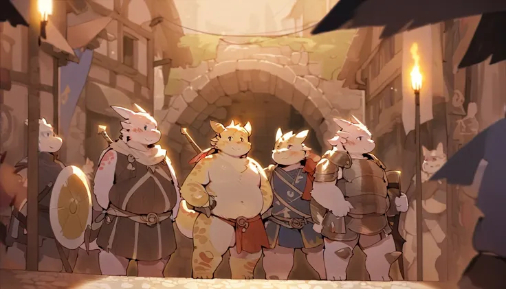 Dragon, male, furry anime,fat, chubby,main character,perfect body, detailed face,paladin,wearing Medieval adventure equipment ,A heavy greatsword on the back, Holding a large shield , medieval times, village,anthro,doujin,yaoi,fantasy world ,isekai, advent...