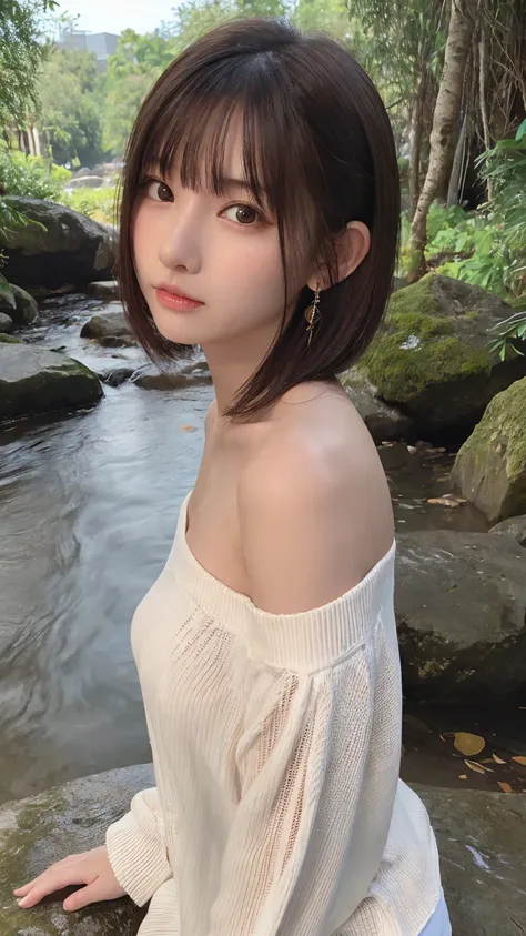 One Girl, (beautiful girl, Delicate girl:1.3), (16 years old:1.3),
break,  (string、Off-the-shoulder tops:1.2),
break, (Small waterfall　background:1.2),
break, Very beautiful eyes, (Symmetrical eyes:1.3),
break, (Big Breasts:1.1), Brown eyes, Parted bangs, ...