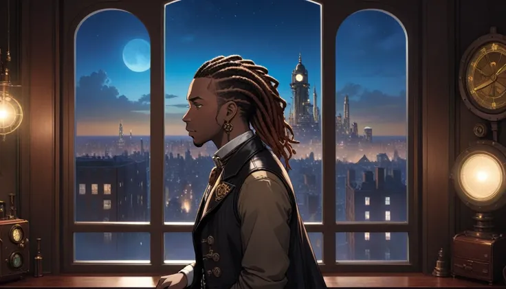 at night, front view of a black man with locs overlooking a city out of a large window in a steampunk 20th century apartment 