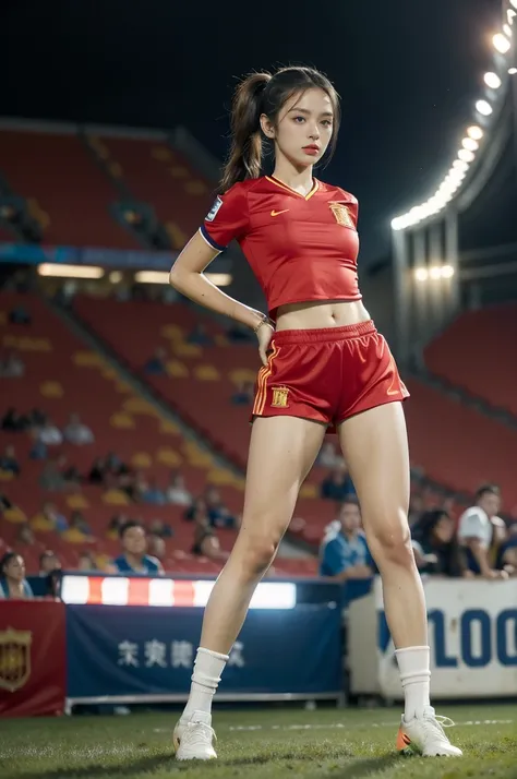 (((best quality))),(((ultra detailed))),(((masterpiece))),illustration,((1 beautiful girl,female footballer,solo)),((small breasts,flat chest)),((slim,thin)),summer night,stadium,crowded stands,enthusiastic spectators,football match,(short ponytail:1.2),(s...