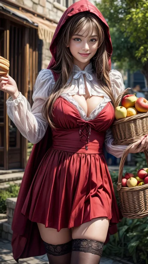 4K, Realistic,Very detailed,((Big Breasts))、18-year-old、((smile))、(Little Red Riding Hood)、(Medieval clothing)、(mini skirt)、Thigh-high stockings、(Holding a basket of bread and apples)、grassland、((Delicate painting))，(Detailed RAW photos of girls), (Masterp...