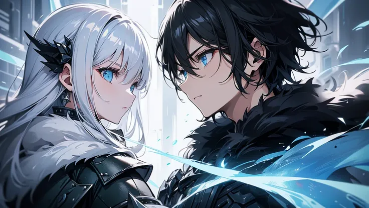 A battle between a black-haired ice warrior and a white-haired ice warrior