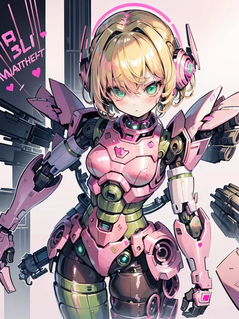 (masterpiece), best quality, expressive eyes, perfect face, blonde hair, curly hair, green eyes, robot, robot lady, robot features, female robot, solo, (pink metal:1.5), pink robot, small breasts, thick thighs, short hair, shy expression, metal face, robot...