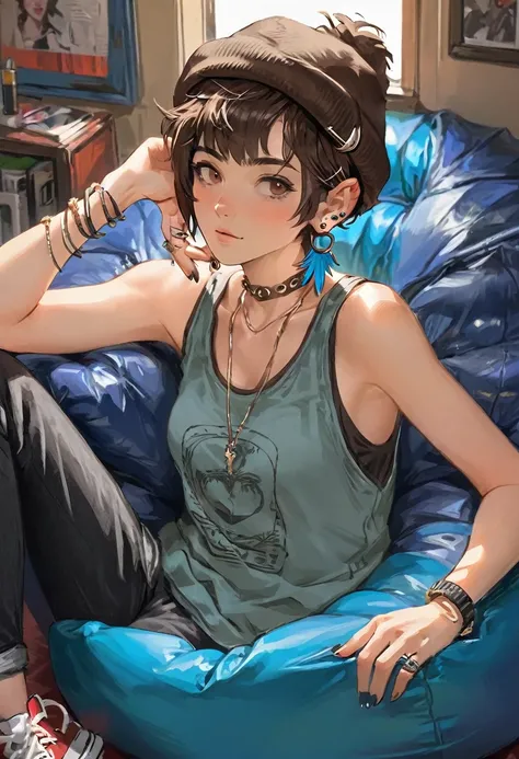 Adult female, mature, very short shaggy brown hair, brown beanie, brown eyes, baggy hipster clothes, tanktop, hipster room, chill demeanor, nonchalant, neutral expression, one blue feather earring, leaning back on bean bag, holding lighter, fully clothed, ...