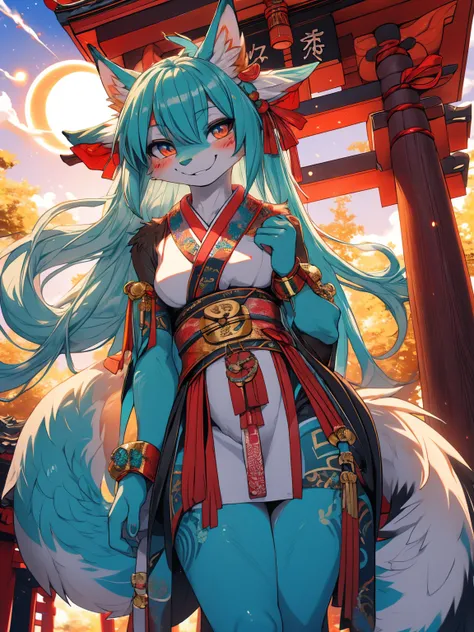 Miku Hatsune, add high definition_detail:1, blue fur,kitsune ears, tribal tattoo add_detail:1, showing her beautiful figure, japanese shrine costume, japanese magic shrine add_detail, Eclipse solar, smiling add_detail:1, horny teen add_detail 