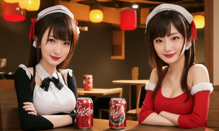 There were two women sitting at a table with beer cans.,christmas ,sexygirl, in a Japanese apartment, japanese tv show, Japanese maid cafe, 8K calm conversations, With subtitles, drinking, They are very serious.