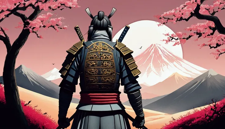 (Highest quality,High resolution:1.2),Super detailed,Traditional Japanese samurai armor,Back view,Severe,skilled swordsmanship,Classic Katana,The Samurai Code of Honor,Sacred Devotion,Authentic Japanese scenery,A quiet temple seen in the distance,Summer st...