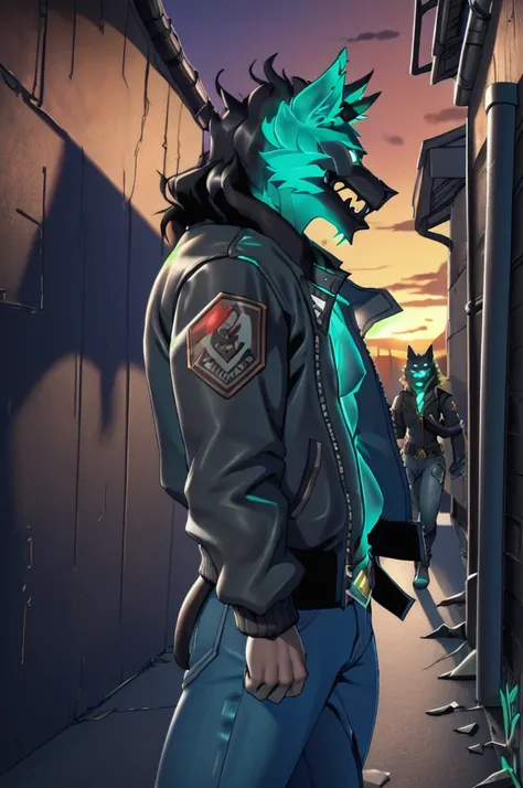 cerberus-fortnite, best quality, masterpiece, hentai cg, intricate details, 1boy, dark alley, bomber jacket, jeans, cowboy shot,...