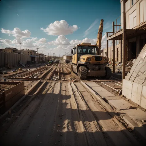 cinematic photo analog film photo scifi ( Dynapac 2500B yellow 1:1) raw, summer hot, strormy clouds, cinematic, mist, volumetric lights shiny, dusty sand new, dynamic view, construction site, detailed, rocks, road desert
 (crowd of people:1.1), (constructi...