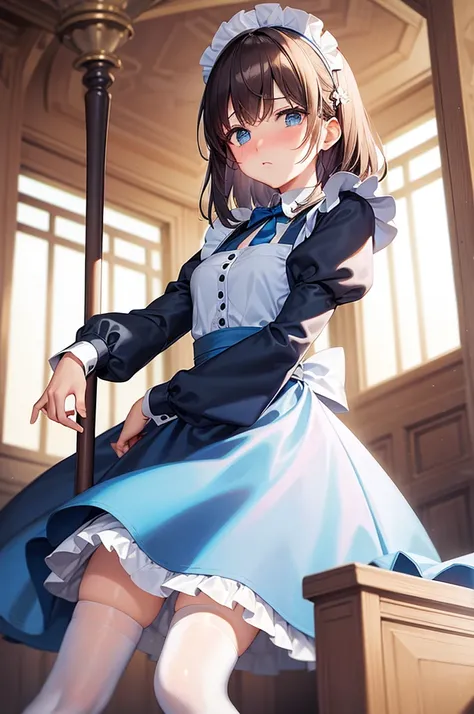 masterpiece, best quality,1girl, solo,whtie hair,medium hair,blue eyes,long sleeves,juliet sleeves,apron,maid,maid headdress,puffy sleeves,green dress,vest,buttons, white thighhighs,standing, looking at viewer, nose blush, (holding mop:1.2), (from below:1....