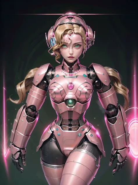 (masterpiece), best quality, expressive eyes, perfect face, blonde hair, curly hair, green eyes, robot, robot lady, robot features, female robot, solo, (pink metal:1.5), pink robot, small breasts, thick thighs, short hair, shy expression, metal face, robot...