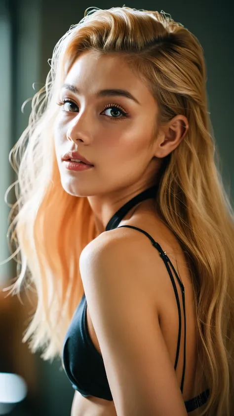 gritty candid raw  portrait, close-up photo of a young 20 year old beautiful, big lips, full body, high cheekbones, playful, Danish and Korean mixed race, busty, long curly blonde and neon pink undercut hair, realistic skin texture, very tall and athletic,...