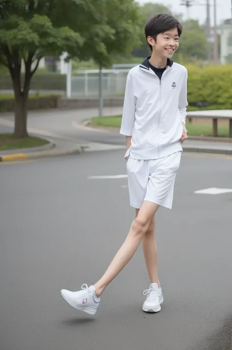 12-year-old boy,Smile，Spread your white and slender legs，jogging，full body，8K五官精致，Handsome boyish feeling，8K，masterpiece,((best quality)),photography,