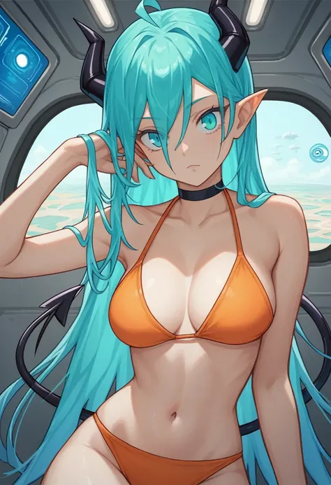 score_9, score_8_up, score_7_up,1 daemon woman, black  horns, black demon tail, (aquamarine hair),aquamarine green color hair,ahoge, long hair, (long hair),bangs, light orange bikini, bikini is orange, bikini orange, orange bikini!, (aquamarine eyes), back...