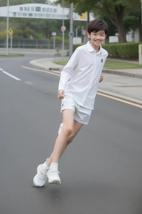 12-year-old boy,Smile，Spread your white and slender legs，jogging，full body，8K五官精致，Handsome boyish feeling，8K，masterpiece,((best quality)),photography,