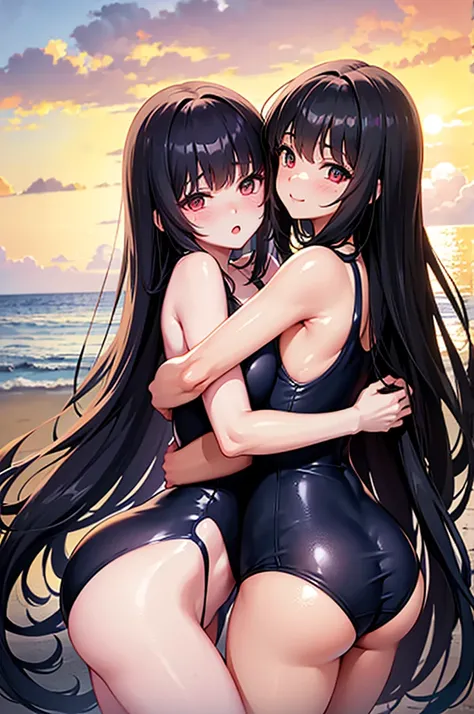 Long Black Hair　School swimsuit　Sisters　Hug