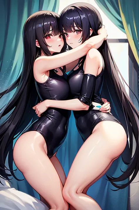 Long Black Hair　School swimsuit　Sisters　Hug