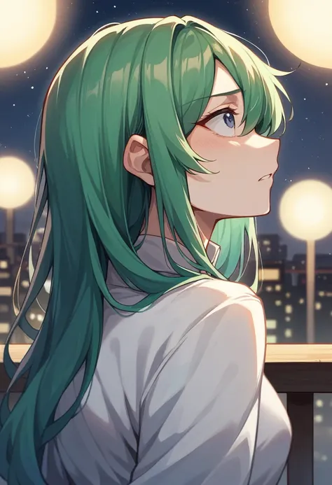  Kanade Sugisaki looking up at the night sky、Long green hair、Beautiful profile、A little lonely look、Starry Night、City lights、Balcony、Hair fluttering in the night wind、Sadness atmosphere