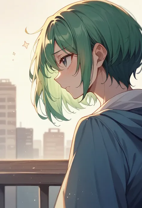  Kanade Sugisaki looking up at the night sky、Long green hair、Beautiful profile、A little lonely look、Starry Night、City lights、Balcony、Hair fluttering in the night wind、Sadness atmosphere