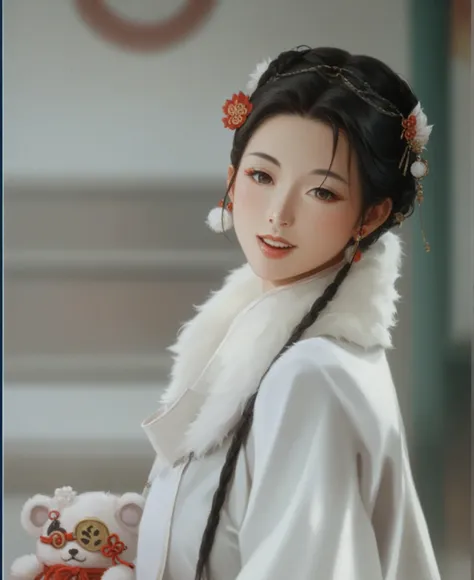 asian woman in traditional dress holding a stuffed toy, palace ， girl wearing hanfu, white hanfu, wearing ancient chinese clothe...