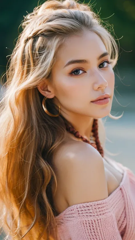 gritty candid raw  portrait, close-up photo of a young 20 year old beautiful, big lips, full body, high cheekbones, playful, Danish and Korean mixed race, busty, long curly blonde and neon pink undercut hair, realistic skin texture, very tall and athletic,...