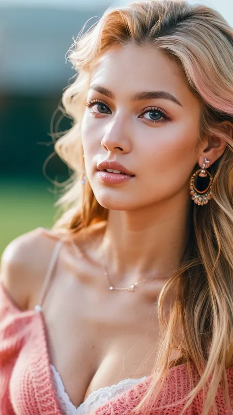 gritty candid raw  portrait, close-up photo of a young 20 year old beautiful, big lips, full body, high cheekbones, playful, Danish and Korean mixed race, busty, long curly blonde and neon pink undercut hair, realistic skin texture, very tall and athletic,...