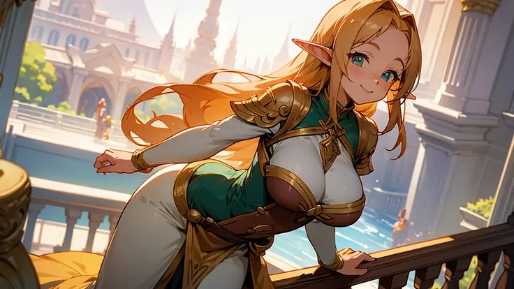 Anime Style,A detailed background with many people,A planet that is not Earth,Balcony,Smiling Bard Elf,Mature Woman,Large Breasts,Protruding buttocks