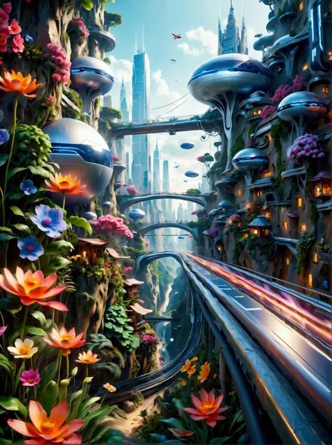 cidade futuristica, 24th century, skyscrapper, nanomaterials, streamlined line design, road system, maglev train, trpical garden...