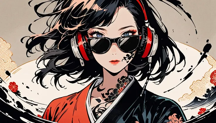 fisheye, Ink Painting, (((1 girl))), (((Tattoo on face))), sunglasses, Japanese style headphones, beautiful girl, Black Hair, Delicate and precise, Modern ukiyo-e style, Dark image